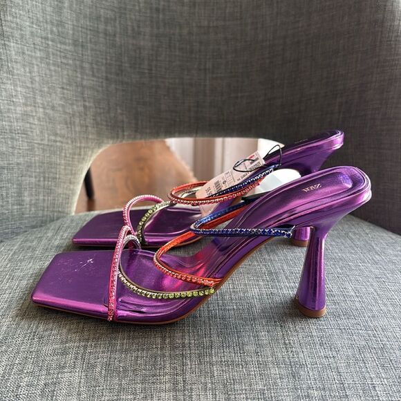 Zara Multicolor metallic purple Strappy women’s colorful Heels size us 8 NWT fun - Picture 12 of 16